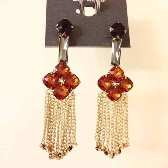 Topaz Stone Flower Gold Fringe Crystal Statement Earrings - Picture 2 of 4
